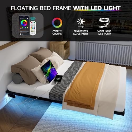Aelawe Floating Bed Frame Full Size with LED Lights and Charging Station, Metal Platform Bed, Easy Assembly No Box Spring Needed Aelawe
