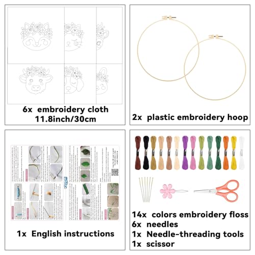 ORIGACH 6 Pack Animals & Floral Crown Embroidery Kits for Beginners, DIY Starter Hand Embroidery Kit with Floral and Dog Rabbit Fox Patterns and Instructions for Adults Women Crafting