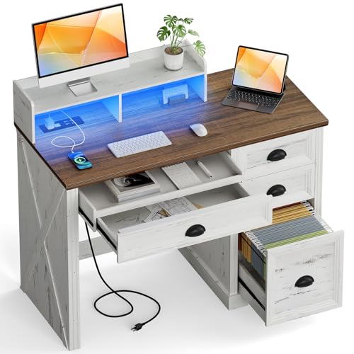 Lareth Computer Desk with Monitor Stand, 47 in Farmhouse Home Office Desk with LED Lights Power Outlets, Executive Desk with Storage for Working Gaming, Study Writing Table for Bedroom, Antique White Lareth