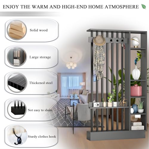 Wall Room Divider - Freestanding Wood Room Divider with Shelves and Coat Rack, Wall Divider with Storage Cabinet and Display Shelf, Freestanding Decor for Bedroom, Office (Grey+Black, 39.4IN) Horseo