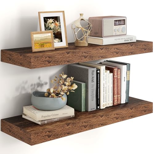 Heimlove 24 inch Floating Shelves for Wall,9.3 inch deep Brown Bathroom Over Toilet Shelf,Wall Mounted Rustic Wood Shelves for,Bedroom,Living Room,Kitchen,Office Decor Set of 2-Brown Heimlove