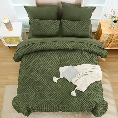 Andency King Size Comforter Set Olive Green - 7 Pieces Bed in a Bag King Boho Olive Green Bedding Comforter Sets, Tufted Bed Set with Comforter, Sheets, Pillowcases & Shams