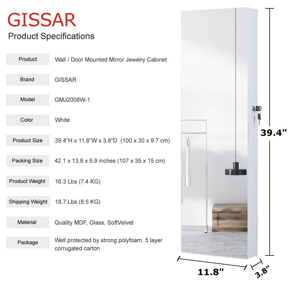 GISSAR Full Length Mirror Jewelry Cabinet, 6 LEDs Jewelry Armoire Wall Mounted Over The Door Hanging, Jewelry Organizer Display Storage Furniture with Lights Locker Mirrored Cabinet, White GISSAR