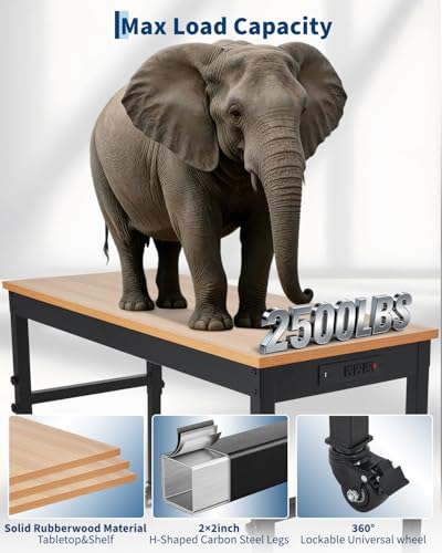 60" Adjustable Height Workbench with Lockable Wheels, Built-in Outlets & Heavy Duty Rubberwood Top, 2500 LB Capacity Work Bench, Garage Work Table for Workshop, Repair Shop, Home, Office EliteEdge