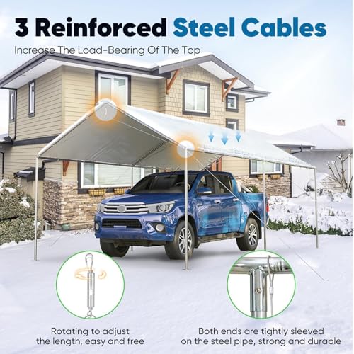 Quictent 10x20 ft Heavy Duty Car Canopy Galvanized Frame Carport Outdoor Party Tent Boat Shelter with 3 Reinforced Steel Cables - White Quictent