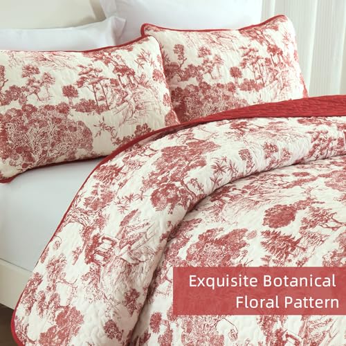 WONGS BEDDING Botanical Quilt Set Queen Size, Red 3 Pieces Floral Plants Printed Bedspread Bedding Set Christmas Soft Lightweight Microfiber Coverlet Set for All Season (96"x90") WONGS BEDDING