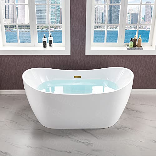 WOODBRIDGE 59" Acrylic Freestanding Bathtub Contemporary Soaking White Tub with Brushed Gold Overflow and Drain,BTA1516-BG-Drain-&O WOODBRIDGE
