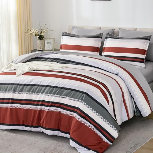 WONGS BEDDING Comforter Full Size, Red Bedding Comforter Set for Full Bed, Striped Bed in a Bag Full Size Comforter Sets for All Season 90"×78" WONGS BEDDING