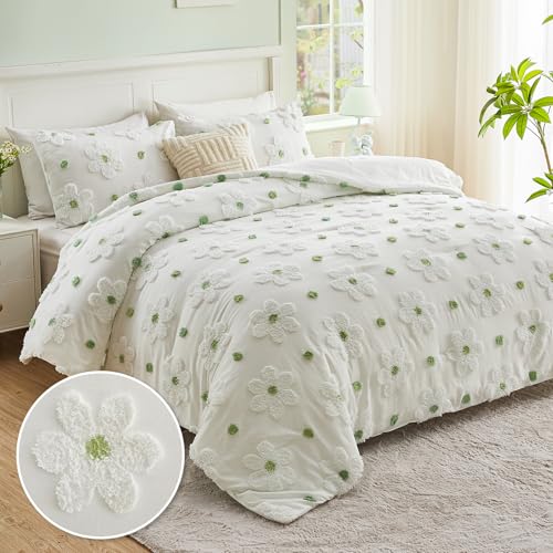 VIVILINEN Twin Comforter Set for Girls 2 Pieces Green Floral Twin Size Bedding Set Cute Comforter with Tufted Daisies Flowers, Lightweight Bed Set for Kids Teen Girls Women VIVILINEN