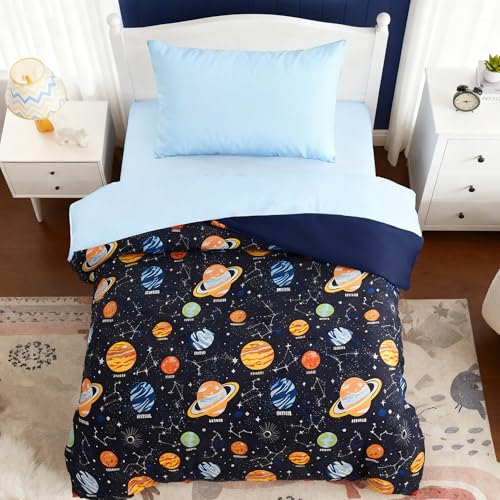 Toddler Bedding Set - 4 Pieces Toddler Comforter Set for Kids Boys, Glow in The Dark Space Bed in A Bag with Sheets Kaleido Space