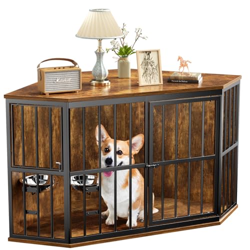 APRILSOUL 42 inch Furniture Dog Crate Corner, Dog Kennel Corner Wooden End Table with Bowl, Indoor Pet Crates Corner Side Table for Dogs, Wide Top Perfect for Limited Room APRILSOUL