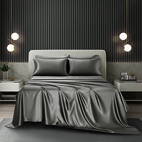 AiMay 6 Piece Satin Bedding Sheet Set King Grey Deep Pocket 1800 Series Luxury Rich Silk Silky Super Soft Solid Color 4 Pillowcases Reversible Sexy Honeymoon Wrinkle Free (King,Grey) AiMay
