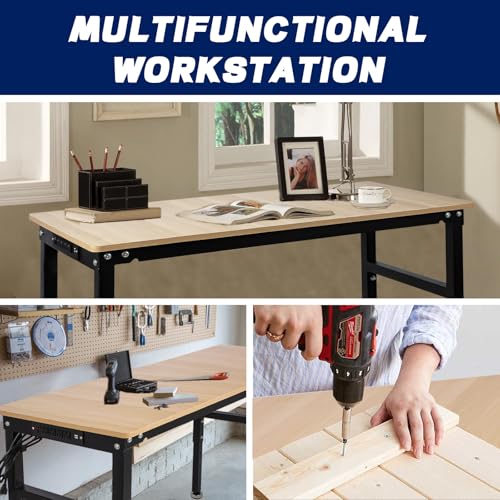 60'' Adjustable Workbench with Power Outlet, 2000 Lbs Capacity Work Benches for Garage, Wood Heavy Duty Work Bench,Shop Table for Shop Office Home Commercial FORJAMINT