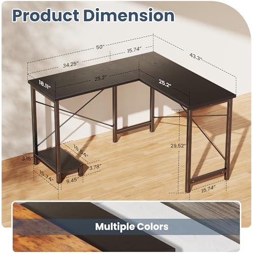 DUMOS L Shaped Desk, Computer Gaming Desks Corner Office Table with CPU Shelf for Home Study Writing Work Station 50 Inch, Black DUMOS