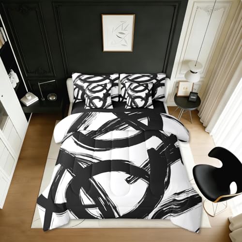 Erosebridal Black White Abstract 7 Piece Comforter Set King Bed in A Bag Modern Graffiti Minimalist Line Bedding Set Simple Sketch Cool Unique Geometric Sheet Set Ink Painting Aesthetic Quilt Erosebridal