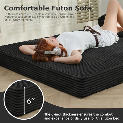 NLDD Folding Futon Sofa Bed Full Size, 6 inch Convertible Floor Couch Bed with Removable Corduroy Cover, Pull Out Couch for Small Spaces High-Density Foam,Black NLDD