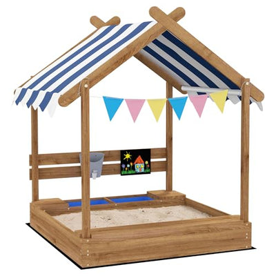 Outsunny Wooden Sandbox with Canopy, Kids Sand Pit with Liner, Blackboard, Sink, Playset, Flags, House Design, Outdoor Sandbox for 3-7 Years Old, 49" x 46" x 57.5", Brown