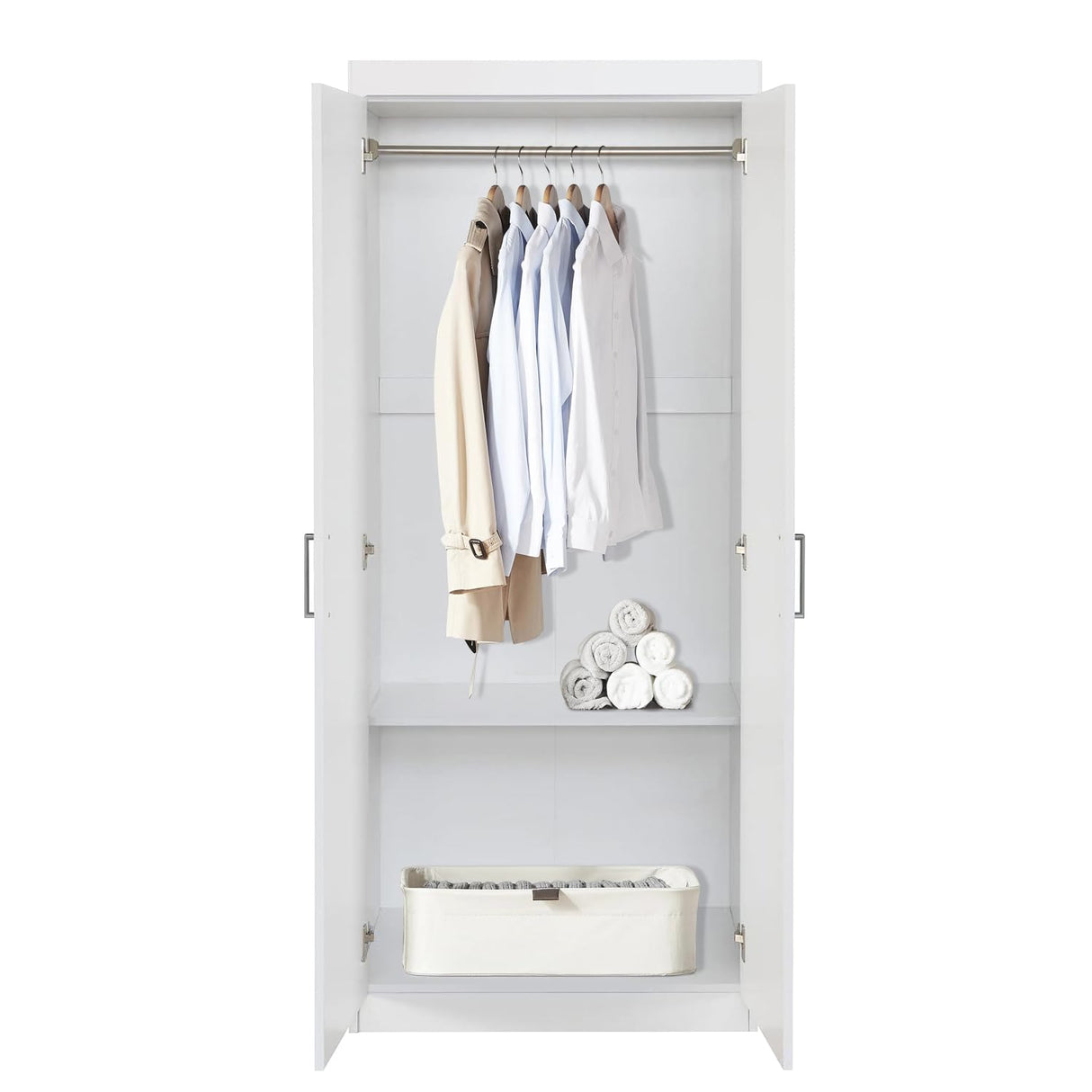 FurnitureR 2 Door Wardrobe, Wooden Armoire with Hanging Rod for Bedroom 68.2-Inch Wardrobe Storage Cabinet, White FurnitureR