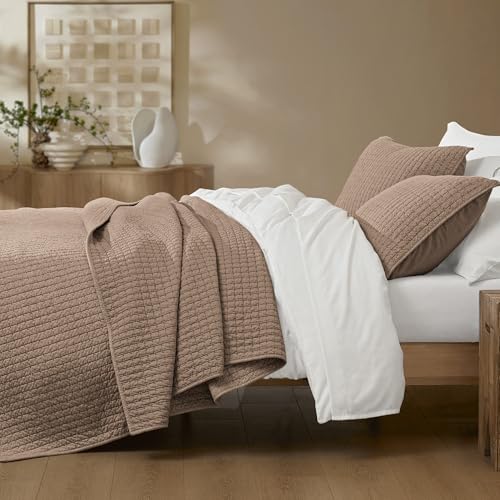 Wonderful 100% Cotton Jersey Knit Quilt - Stitch Heather Brown Mocha King Quilt with Two Pillow Shams - Soft & Breathable, All-Season Use, Hypoallergenic, Prewashed, Bedspread & Coverlet, 104"x94" Wonderful