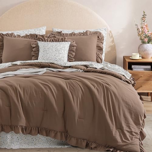 BLOOMHAVEN King Comforter Set - 7 Pieces Ruffle Amber Brown Bedding Sets, Shabby Chic Farmhouse Bed in a Bag with Ruffle Comforter, Floral Sheets, Pillowcases & Shams BLOOMHAVEN