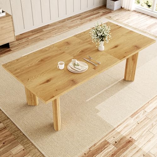 HIPIHOM Extendable Dining Table for 6-8 People, 63 to 78.7 Inch Rectangular MDF Table, Farmhouse Rustic Style, Space-Saving Design for Dining Room, Kitchen, Meeting HIPIHOM