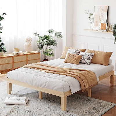 Giantex 14 Inch Queen Wood Platform Bed Frame, Minimalist Mattress Foundation with Solid Rubber Wood, Heavy Duty Wood Slat Support, Without