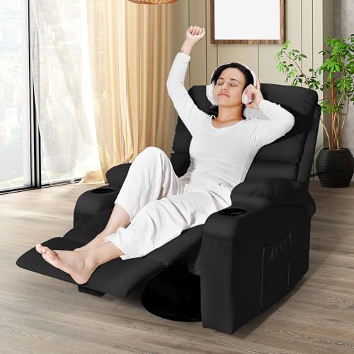 LEVELEVE Rocking Recliner Chair, Massage Rocker Recliner Chair with Vibration Massage and Heat, USB and Type-C Ports,360° Swivel Faux Leather Chairs, Living Room, Bedroom, Nursery, RV, Black