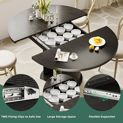 CABZOON 47-63in Extendable Round Dining Table for 4-8 Modern Round Kitchen Table Circle Dining Table with 2-Tier Storage Shelf, Space Saving Expandable Wood Oval for Living Room Walnut Black CABZOON