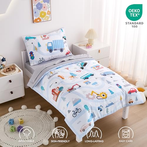 NacoMoco 4-Piece Cars Toddler Bedding Set for Boys Girls- Soft & Skin Friendly Toddler Bed Set Includes Toddler Comforter, Flat Sheet, Fitted Sheet and Pillowcase (Light Blue) NacoMoco