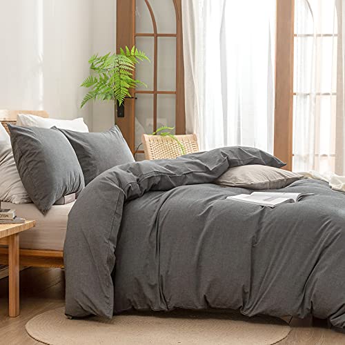 BESTOUCH Duvet Cover Set 100% Washed Cotton Linen Feel Super Soft Comfortable Chic Lightweight 2 PCs Home Bedding Set Solid Dark Grey Twin/Twin XL BESTOUCH