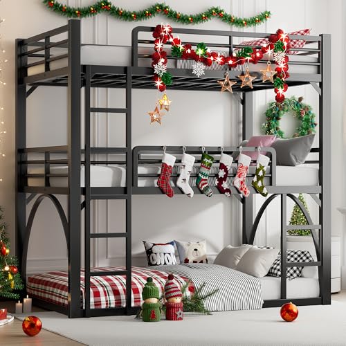 PVWIIK Full Triple Bunk Bed with Ladder for 3 Kids/Teen/Adults Bedroom,Full Over Full Over Full Heavy Duty Metal Bunk Bed for Girls & Boys,Black PVWIIK