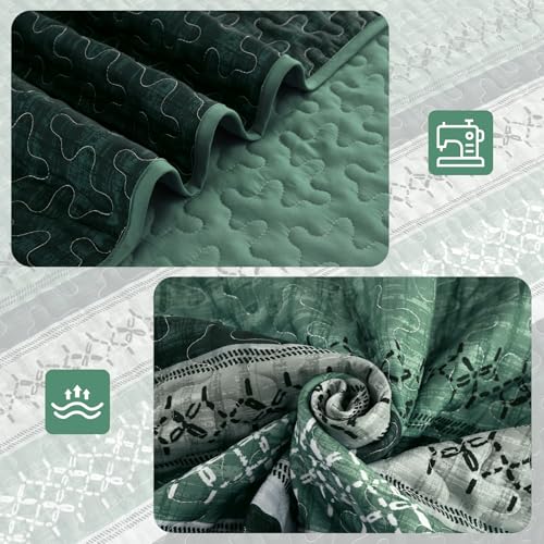 Menghomeus Quilt Queen Size, Green Patchwork Striped Quilt Set 3 Pieces, Soft Lightweight Bedspread Coverlet Bedding Set for All Season 96"x90" Menghomeus