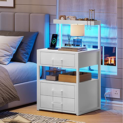 Nightstand with Charging Station and LED Lights, LED Night Stand with 2 USB Ports and 2 AC Outlets, Modern End Table with 3 Drawers, Bedside Table with Open Storage for Bedroom, White AOGLLATI