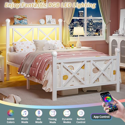 DynJest Twin White Bed Frame with Headboard and Footboard, Storage Shelf with LED Lights and Charging Station, Strong Metal Slats Support, No Box Spring Needed, Under Bed Storage, Easy Assembly DynJest