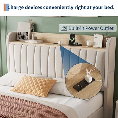 GarveeHome Upholstered Bed Frame with Storage Headboard and Charging Station, Platform Bed Frame with Drawers, Heavy Duty, No Box Spring Needed, Easy Assembly, Beige, Queen Size GarveeHome