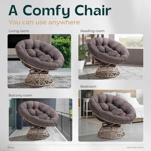 Bme 40" Ergonomic Wicker Papasan Chair with Soft Thick Density Fabric Cushion, High Capacity Steel Frame, 360 Degree Swivel for Living, Bedroom, Reading Room, Lounge Bme
