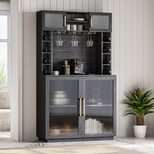 BELLEZE Coffee Wine Bar Cabinet with Power Outlet, 72" Rustic Liquor Cabinet, Tall Buffet Cabinet with Storage Kitchen Pantry Cupboard Wine& Glasses Rack Server with Hutch for Home Dining Room, Ebony BELLEZE
