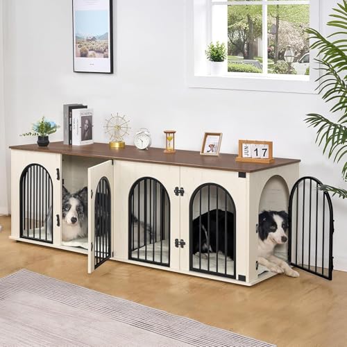Hzuaneri 71" Dog Crate Furniture for 2 Dogs, Heavy Duty Indoor Dog Kennel TV Stand, XL Wooden Dog Cage with Divider for Medium Large Dogs, End Table Dog Crate with Cushion, White Brown DFC81914B Hzuaneri