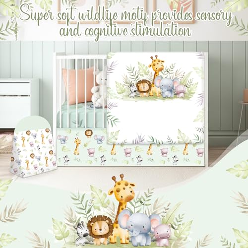 Hahafelt 4 Pieces Baby Crib Bedding Set for Girls and Boys, Soft Baby Bedding Set Including Crib Skirt, Comforter, Sheet and Diaper Stacker for Nursery (Wildlife Theme) Hahafelt