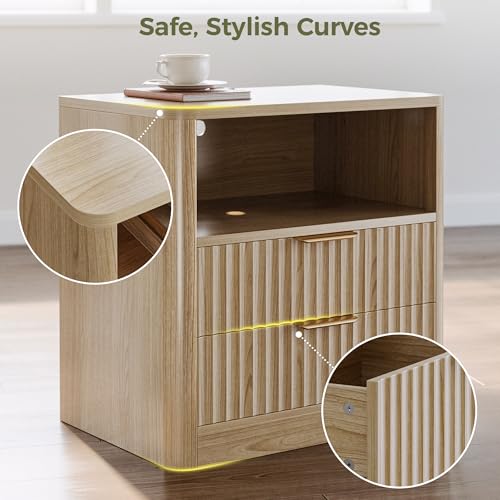 IRONCK Fluted Night Stand Set of 2, Modern Nightstand with Charging Station, Drawers and Open Shelves - Bedside Table Wood Side Table Set for Bedroom IRONCK