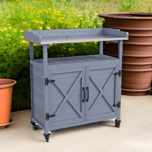 Outsunny Outdoor Wooden Potting Bench Table, Garden Workstation with Storage Cabinet, Aluminum Table Top, Rubber Wheels for Backyard, Patio, Balcony, Gray Outsunny