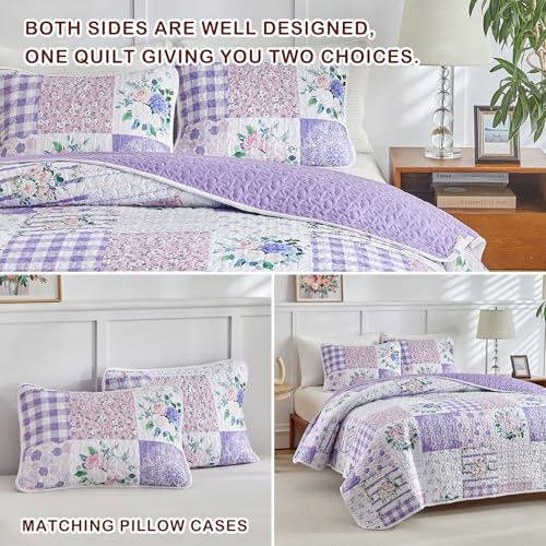 Joyreap 2 Pieces Floral Quilt Set Twin, Patchwork Purple n Pink Flowers Design, Smooth Soft Microfiber Quilt, Bedspread Bed Cover for All Season, 1 Quilt and 1 Pillow Sham- 68x86 inches Joyreap