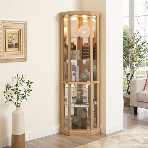 Corner Lighted Curio Cabinet, Elegant Glass Display Case for Collection with Adjustable Shelves, Mirrored Back Panels, Magnetic Glass Doors, Built-in Lighting, Light Oak, (Light Bulbs are Included) LOPOO