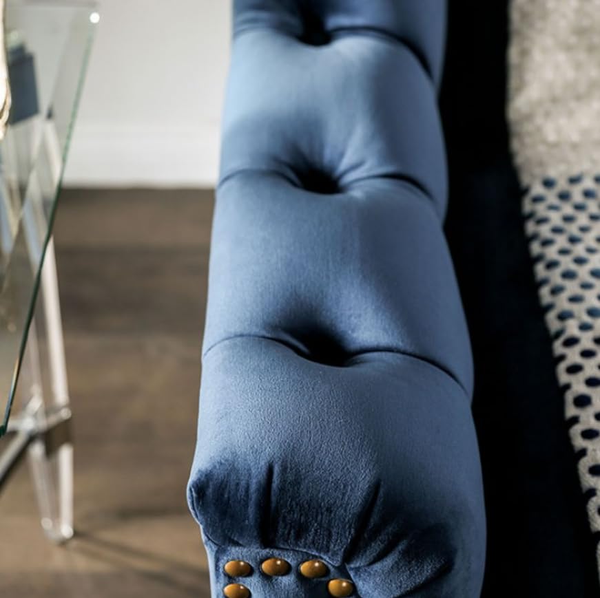 MASARA Tufted Velvet Sofa, 91-inch Camelback Design, Blue with Nailhead Trim and Walnut Legs MASARA