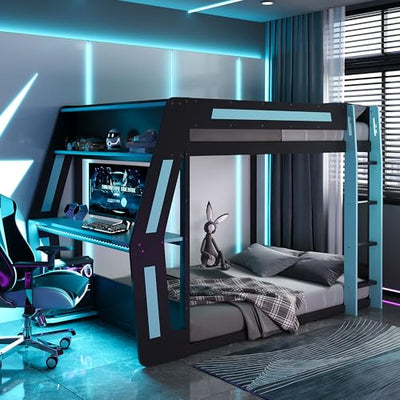 Merax Gaming Bunk Bed with Side-Mounted Oversized RGB Desk, USB Charging Ports & Cable Grommet, LED Light Strip, Heavy-Duty Esports Loft Frame – Cool Design, Full-Size, Cloud Blue