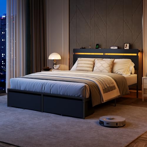 Forestell Queen Bed Frame with Wood Headboard, Black Platform Bed with 2 Storage Drawers & Shelf, Built-in Charging Station & LED Lights, Metal Support, No Box Spring Needed, Cama Queen Size Forestell