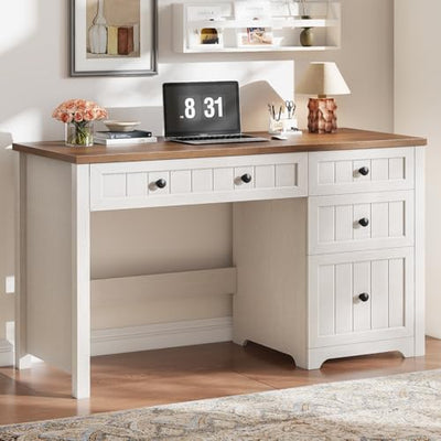 Vabches Farmhouse Executive Desk with 4 Drawers, Home Office Desk with File Drawer, Wood Computer Desk with Storage, Rustic Office Desk for Work Study Writing, Brown White