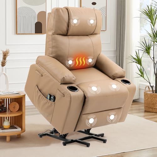Power Lift Recliner Chair for Elderly, Electric Stand Assist Reclining Chair with Massage and Heat Function, Leather Living Room Furniture, Comfy Single Sofa with Cup Holders, Side Pockets, Brown BRTHORY