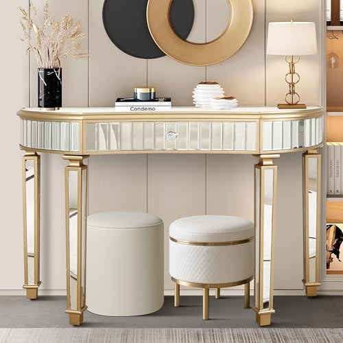 SSLine Mirror Console Table for Living Room 47" Half-Moon Mirrored Entryway Table with Fluted Glass & Crystal Knob Drawer Modern Luxury Gold Silver Mirror Foyer Tables for Hallway Entrance SSLine