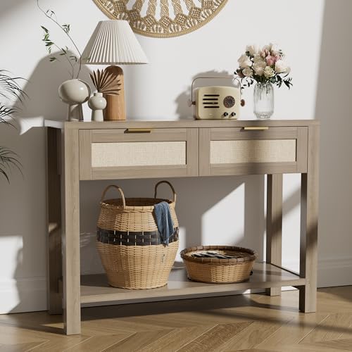 YUUIJOAA Boho Chic Console Table with 2 Rattan Drawers and Open Shelf Storage, Narrow Farmhouse Sofa Table for Small Space Entryway, Living Room,Hallway, Caramel Oak YUUIJOAA